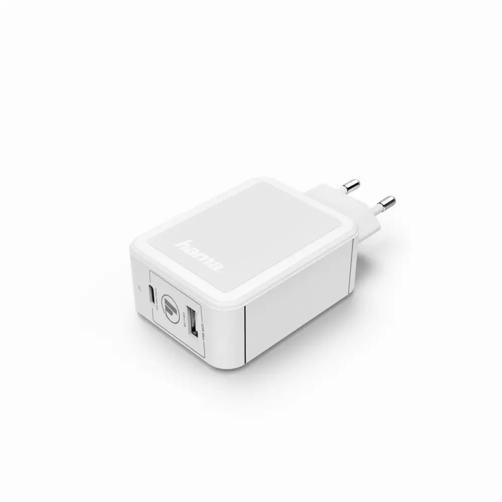 Зарядно 220V HAMA GaN, USB-C Power Delivery (PD) + USB-A, 42W, Бял