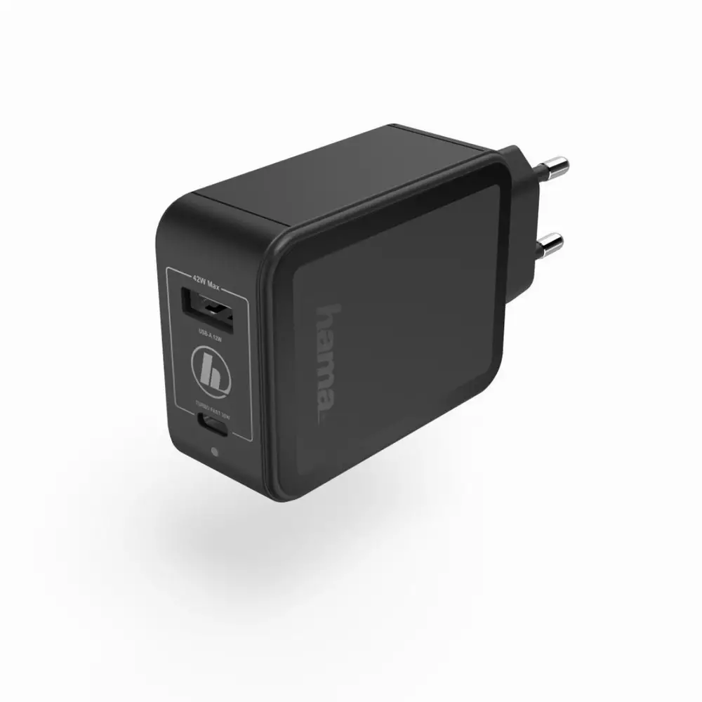 Зарядно 220V HAMA GaN, USB-C Power Delivery (PD) + USB-A, 42W, Черен