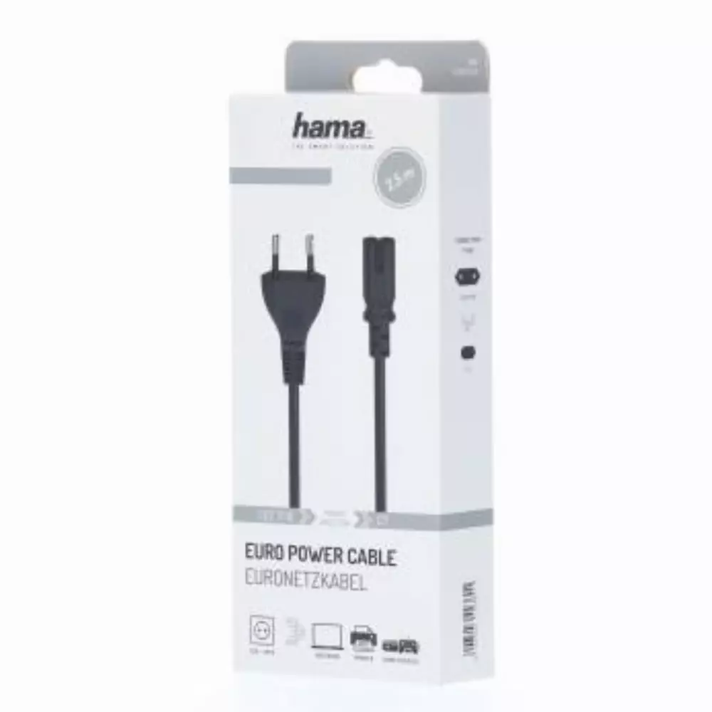 Захранващ кабел HAMA Euro Plug - 2-Pin, 2.5 m, Черен
