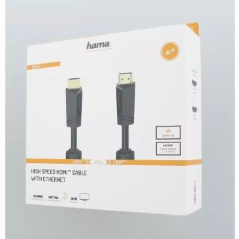 Кабел HAMA High Speed, HDMI мъжко - HDMI мъжко, 4K, 18GB/s, Ethernet , 10 м, позл. конектори, 2 филтъра