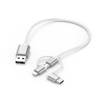 Кабел HAMA 3 в 1, USB-A мъжко - Micro USB мъжко, адаптери Lightning и USB-C, 0.2 м., Бял