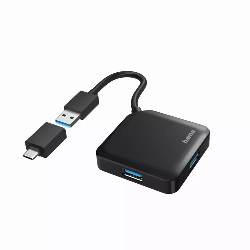 USB hub HAMA, USB-A 4-θυρο, USB 3.2 Gen 1, 5 Gbit/s, USB-C αντάπτορας, Μαύρο