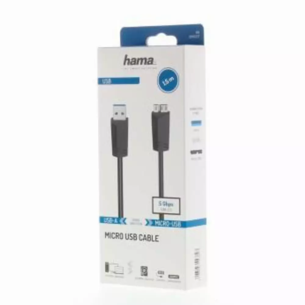 Кабел HAMA USB 3.0 A мъжко - USB 3.0 Micro B мъжко, 1.5 м, 5Gbit/s