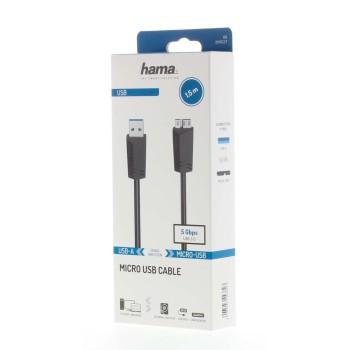 Кабел HAMA  USB 3.0 A мъжко - USB 3.0 Micro B мъжко, 1.5 м, 5Gbit/s