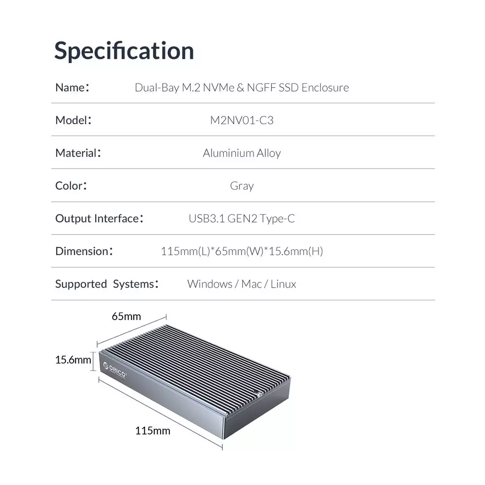 Външна кутия за два диска Orico M2NV01-C3 Storage Case 2 x M.2 Dual Protocol NVMe+SATA Aluminium