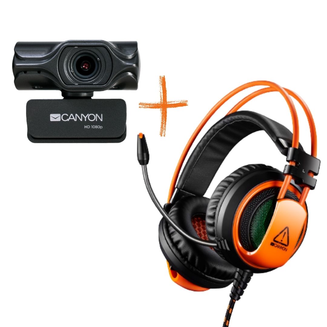 Комплект геймърски слушалки + уеб камера CANYON Corax CND-SGHS5A & CANYON CNS-CWC6N 2K Quad HD