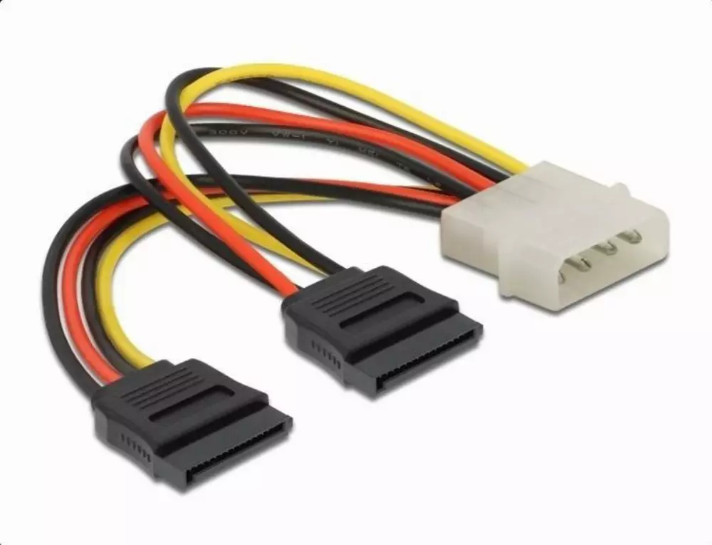 DeLock Power Molex 4 Pin männlich zu 2 x SATA 15 Pin, 16 cm
