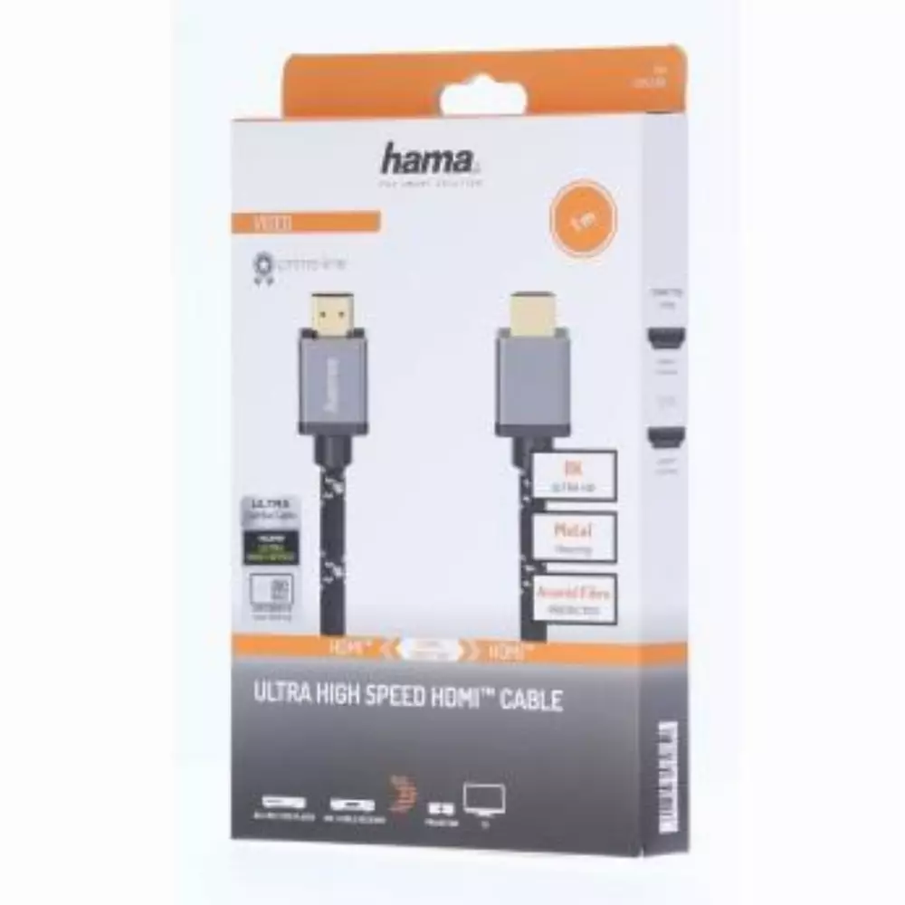 Кабел HAMA Ultra HD HDMI мъжко - HDMI мъжко, 8K, 48GB/s,метал, 1 м, позл. конектори