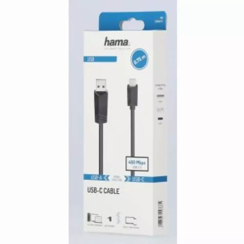 Кабел HAMA USB-C мъжко - USB 2.0 A мъжко, 480Mbit/s,0.75 м, Черен
