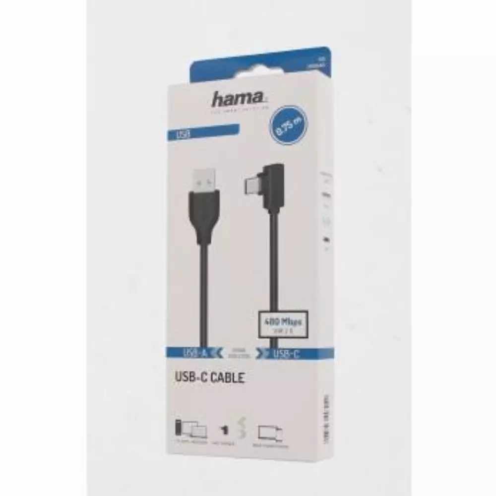 Câble HAMA USB-C mâle - USB A, 90°, 0.75 m, USB 2.0, 480Mbit/s, Noir