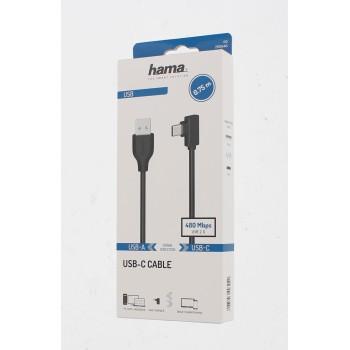 Câble HAMA USB-C mâle - USB A, 90°, 0.75 m, USB 2.0, 480Mbit/s, Noir