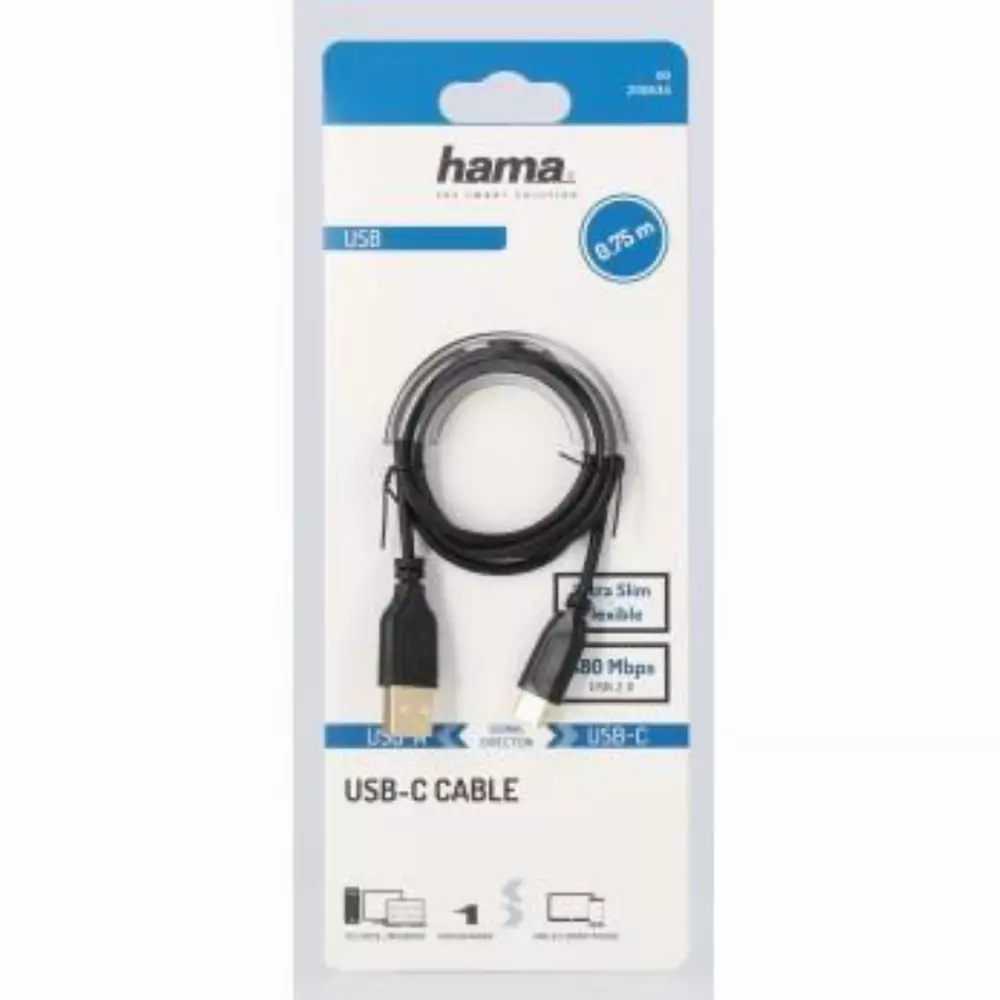 Кабел Hama Flexi-Slim USB-C - USB-A 2.0 мъжко, 0.75м,тънък, позлатен, черен