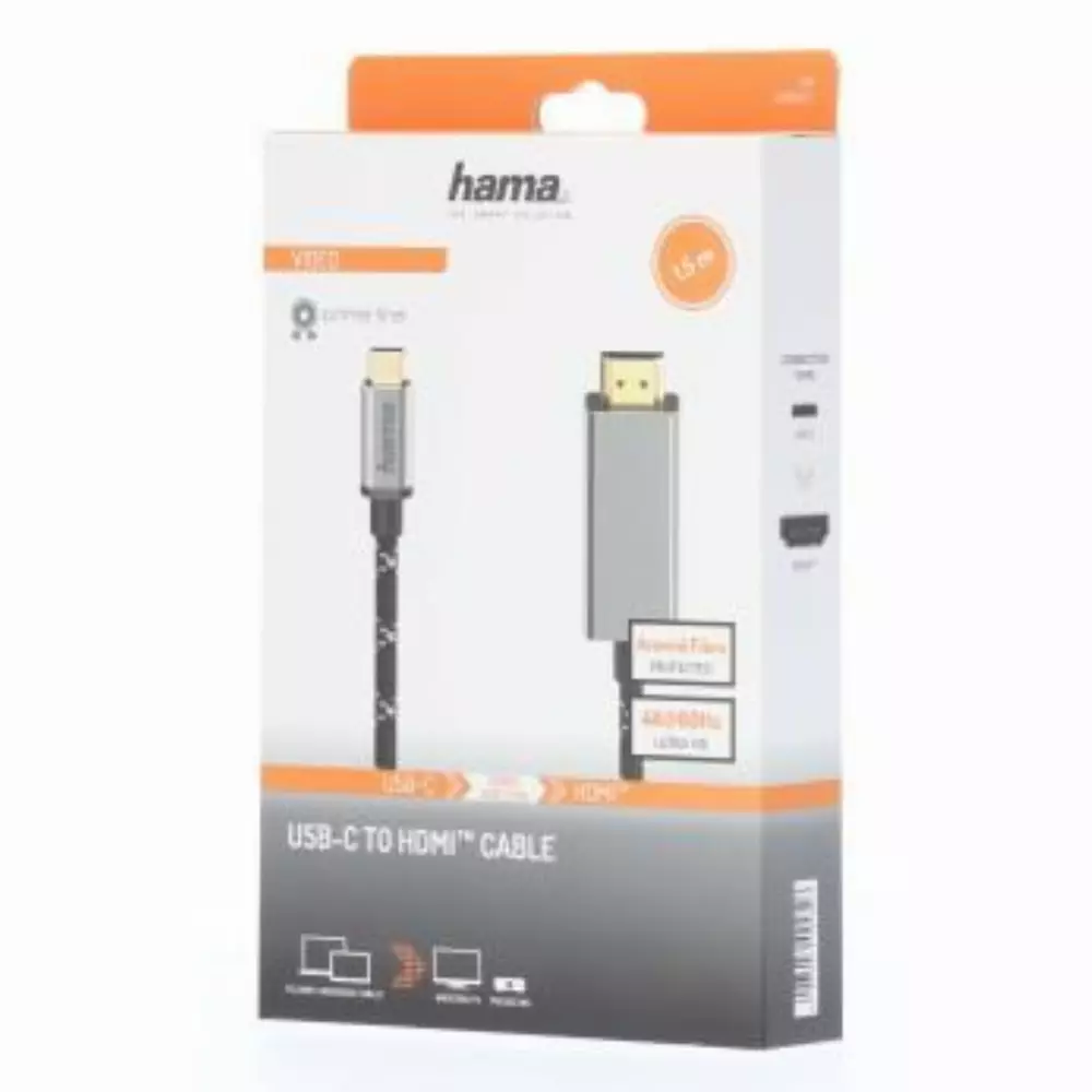 Кабел HAMA USB-C мъжко - HDMI мъжко, Ultra-HD, 4K@60 Hz, 1.5м, Алуминий, Позлатени конектори