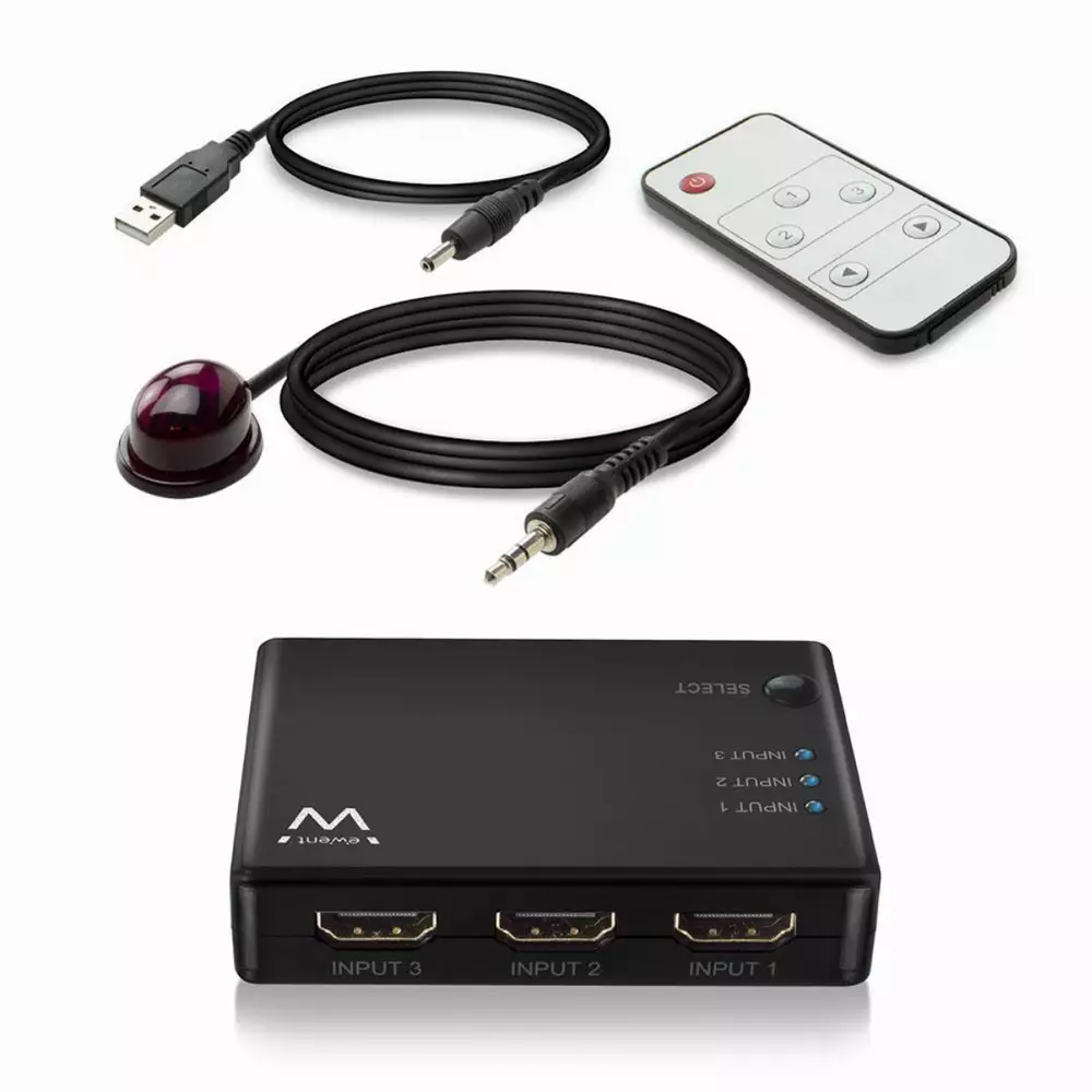 3 портов HDMI суич EWENT, 4K@30Hz, USB, Дистанционно, Черен