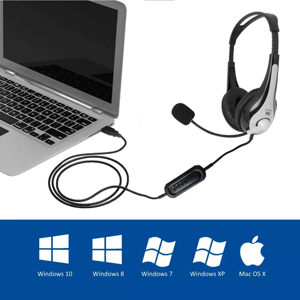 Слушалки Ewent EW3565, Микрофон, USB, 2.1м кабел, Сив/Черен