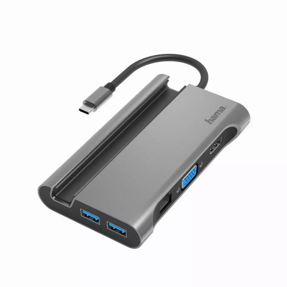 Докинг станция 7 в 1 HAMA, 3x USB-A 3.2, HDMI&trade;, VGA, LAN/Ethernet, USB-C (PD), Сив