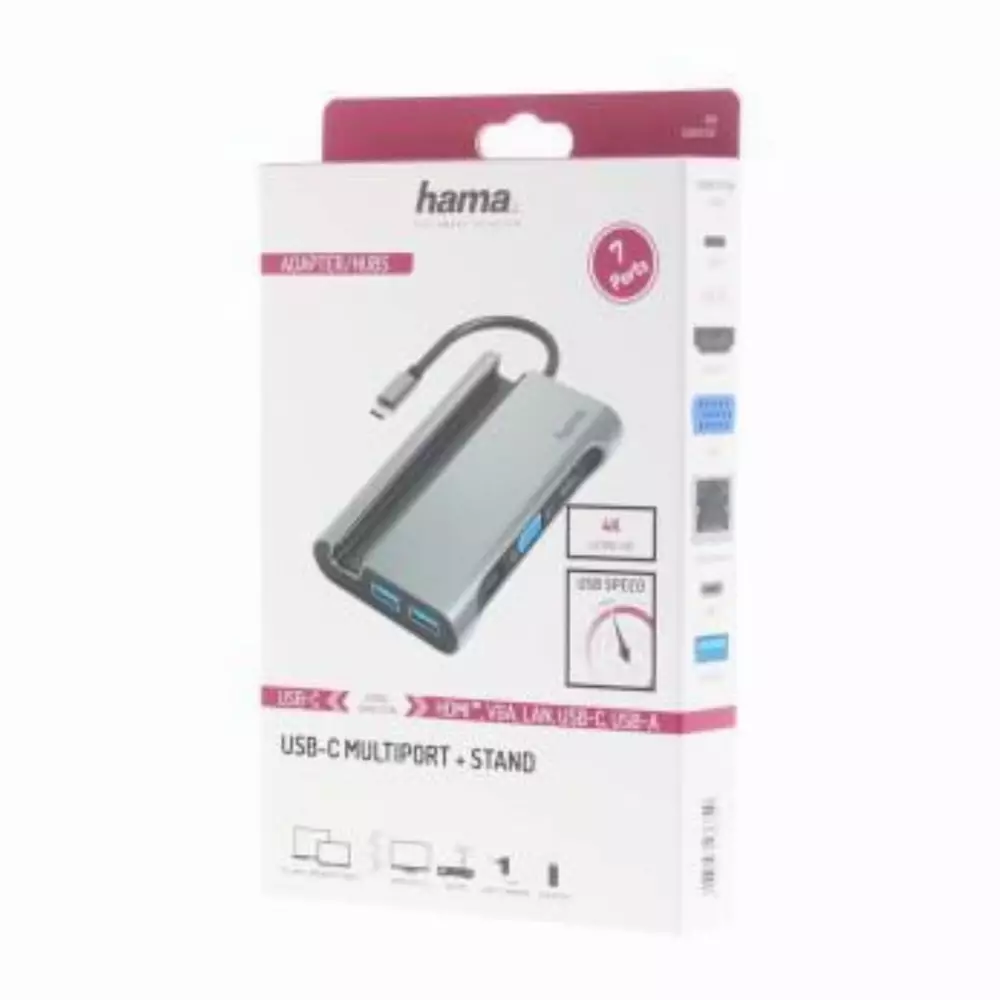 Докинг станция 7 в 1 HAMA, 3x USB-A 3.2, HDMI&trade;, VGA, LAN/Ethernet, USB-C (PD), Сив