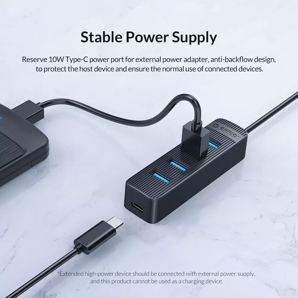 Orico хъб USB3.0 HUB 4 port - Type C input, 1m cable, aux Type-C power input - TWU3-4A-10