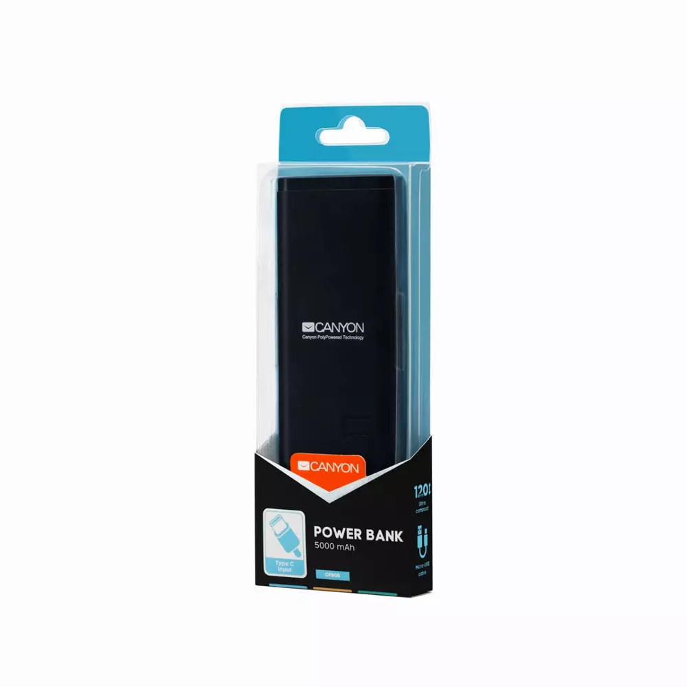 Външна батерия Canyon PB-53, 5000 mAh, Черна - CNE-CPB05B