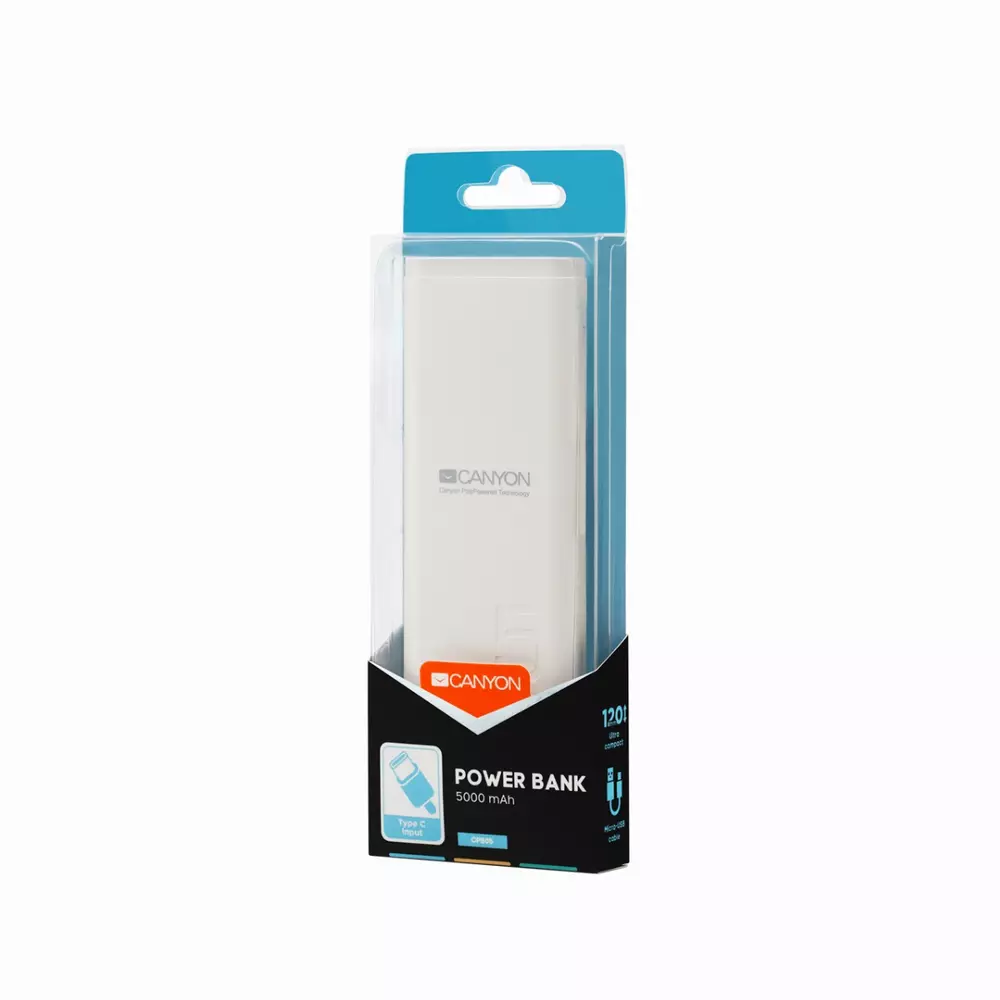 Външна батерия Canyon PB-53, 5000 mAh, Бяла - CNE-CPB05W