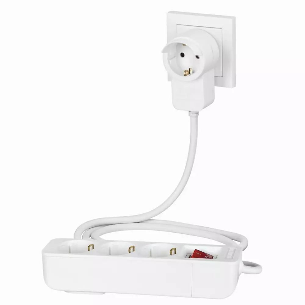 Разклонител HAMA Powerplug, 3 гнезда, 1.4м, Допълнителен контакт, Бутон вкл/изкл, Бял
