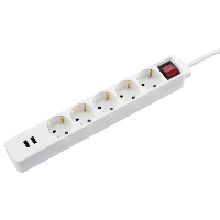 Разклонител  HAMA 137350, 5 гнезда, USB 3.4A, 1.4м, Бутон вкл/изкл, Защита срещу деца, Бял