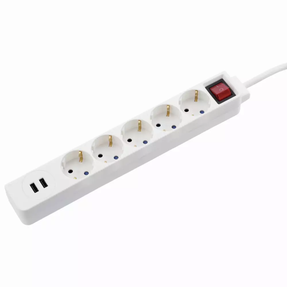 Разклонител  HAMA 137350, 5 гнезда, USB 3.4A, 1.4м, Бутон вкл/изкл, Защита срещу деца, Бял