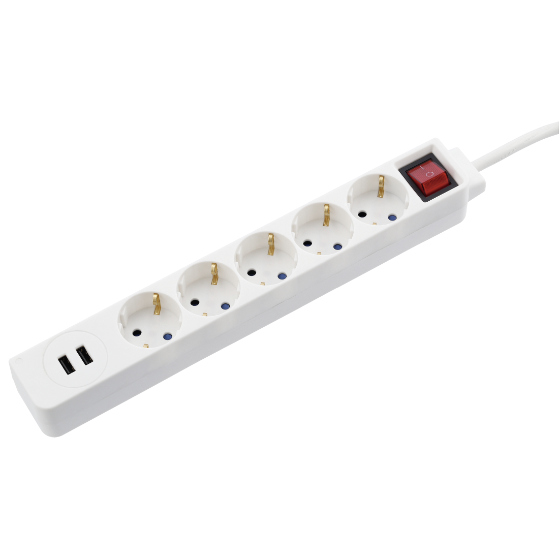 Разклонител  HAMA 137350, 5 гнезда, USB 3.4A, 1.4м, Бутон вкл/изкл, Защита срещу деца, Бял