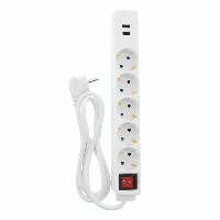 Разклонител  HAMA 137350, 5 гнезда, USB 3.4A, 1.4м, Бутон вкл/изкл, Защита срещу деца, Бял