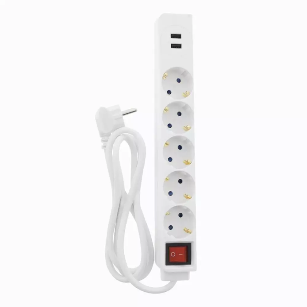 Разклонител  HAMA 137350, 5 гнезда, USB 3.4A, 1.4м, Бутон вкл/изкл, Защита срещу деца, Бял