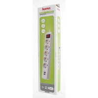 Разклонител  HAMA 137350, 5 гнезда, USB 3.4A, 1.4м, Бутон вкл/изкл, Защита срещу деца, Бял