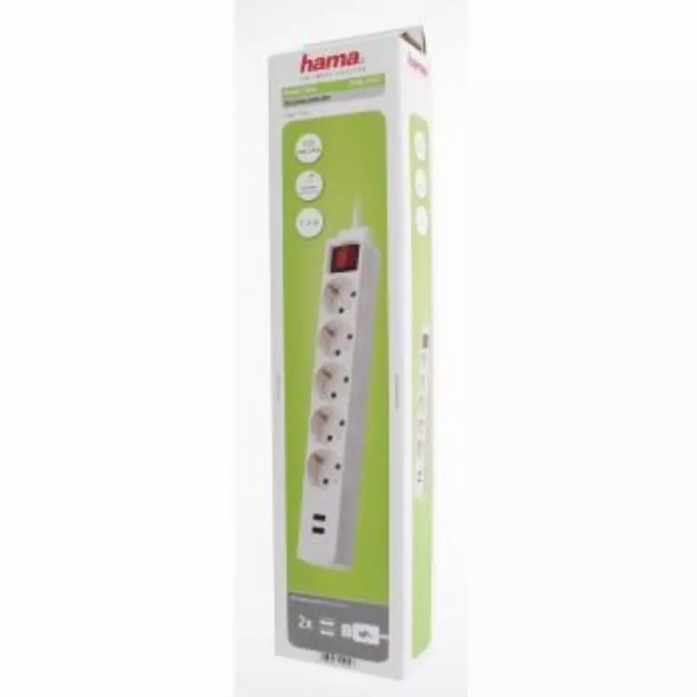 Разклонител  HAMA 137350, 5 гнезда, USB 3.4A, 1.4м, Бутон вкл/изкл, Защита срещу деца, Бял