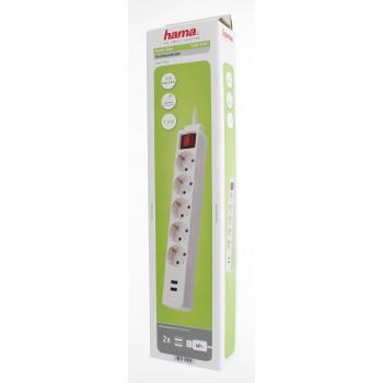 Разклонител  HAMA 137350, 5 гнезда, USB 3.4A, 1.4м, Бутон вкл/изкл, Защита срещу деца, Бял