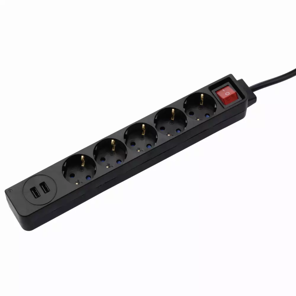 Разклонител HAMA 137351, 5 гнезда, USB 3.4A, 1.4м, Бутон вкл/изкл, Защита срещу деца, Черен