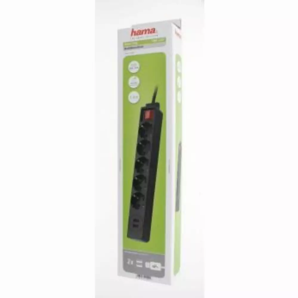 Разклонител  HAMA 137351, 5 гнезда, USB 3.4A, 1.4м, Бутон вкл/изкл, Защита срещу деца, Черен