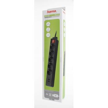 Разклонител  HAMA 137351, 5 гнезда, USB 3.4A, 1.4м, Бутон вкл/изкл, Защита срещу деца, Черен