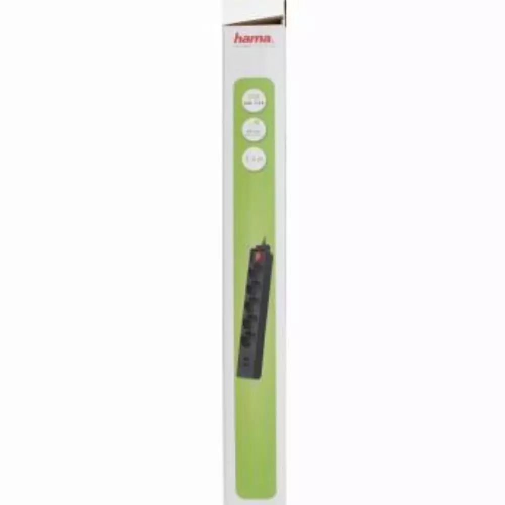 Разклонител HAMA 137351, 5 гнезда, USB 3.4A, 1.4м, Бутон вкл/изкл, Защита срещу деца, Черен