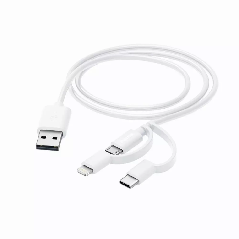 Кабел HAMA 3 в 1, USB-A мъжко - Micro USB мъжко, Адаптери Lightning и USB-C, 1.0 м., Бял