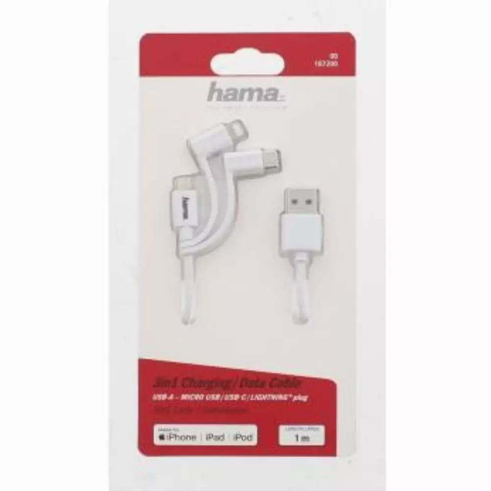 Кабел HAMA 3 в 1, USB-A мъжко - Micro USB мъжко, Адаптери Lightning и USB-C, 1.0 м., Бял