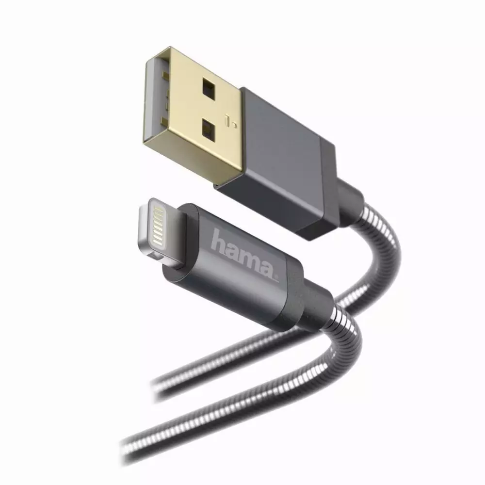 Кабел HAMA Metal, USB-А 2.0 мъжко - Lightning мъжко, 1.5 м., Черен