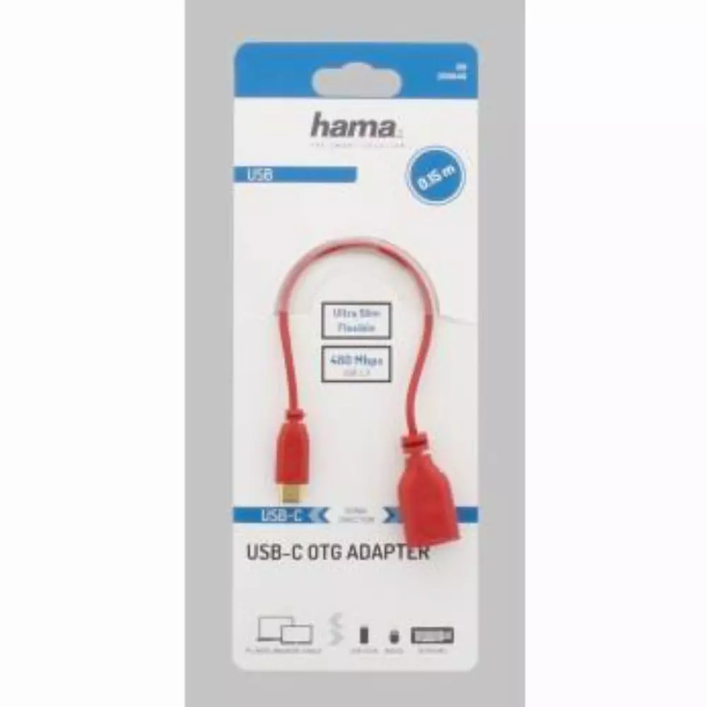 Адаптер HAMA Flexi-Slim, USB-C мъжко - USB 2.0 женско, OTG, 0.15 м., Позлатени конектори, Червен