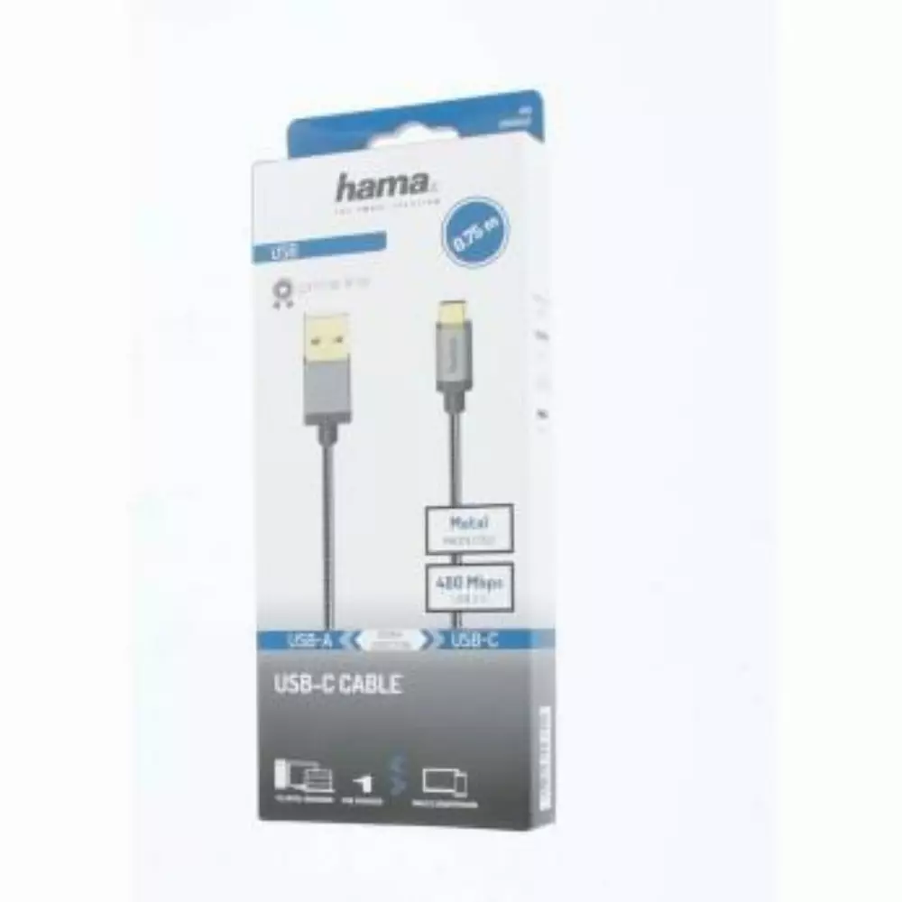 Кабел HAMA 200502, USB-C мъжко - USB-A мъжко, 0.75 м., 5 звезди, 480Mbit/s, Черен