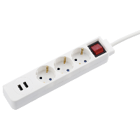 Разклонител  HAMA USB 3.4A, 3 гнезда, 1.4м, Бутон вкл/изкл, Защита срещу деца, Бял