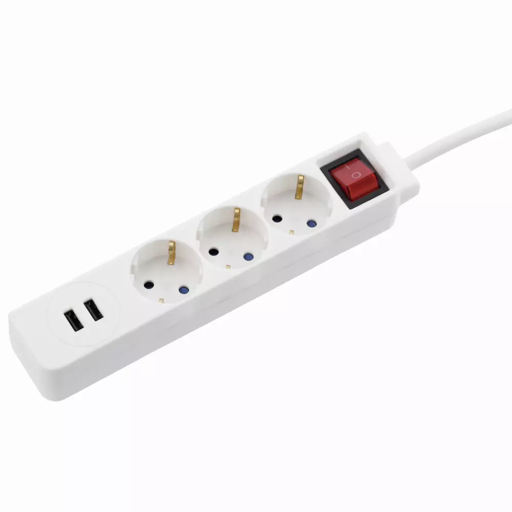 Разклонител  HAMA USB 3.4A, 3 гнезда, 1.4м, Бутон вкл/изкл, Защита срещу деца, Бял