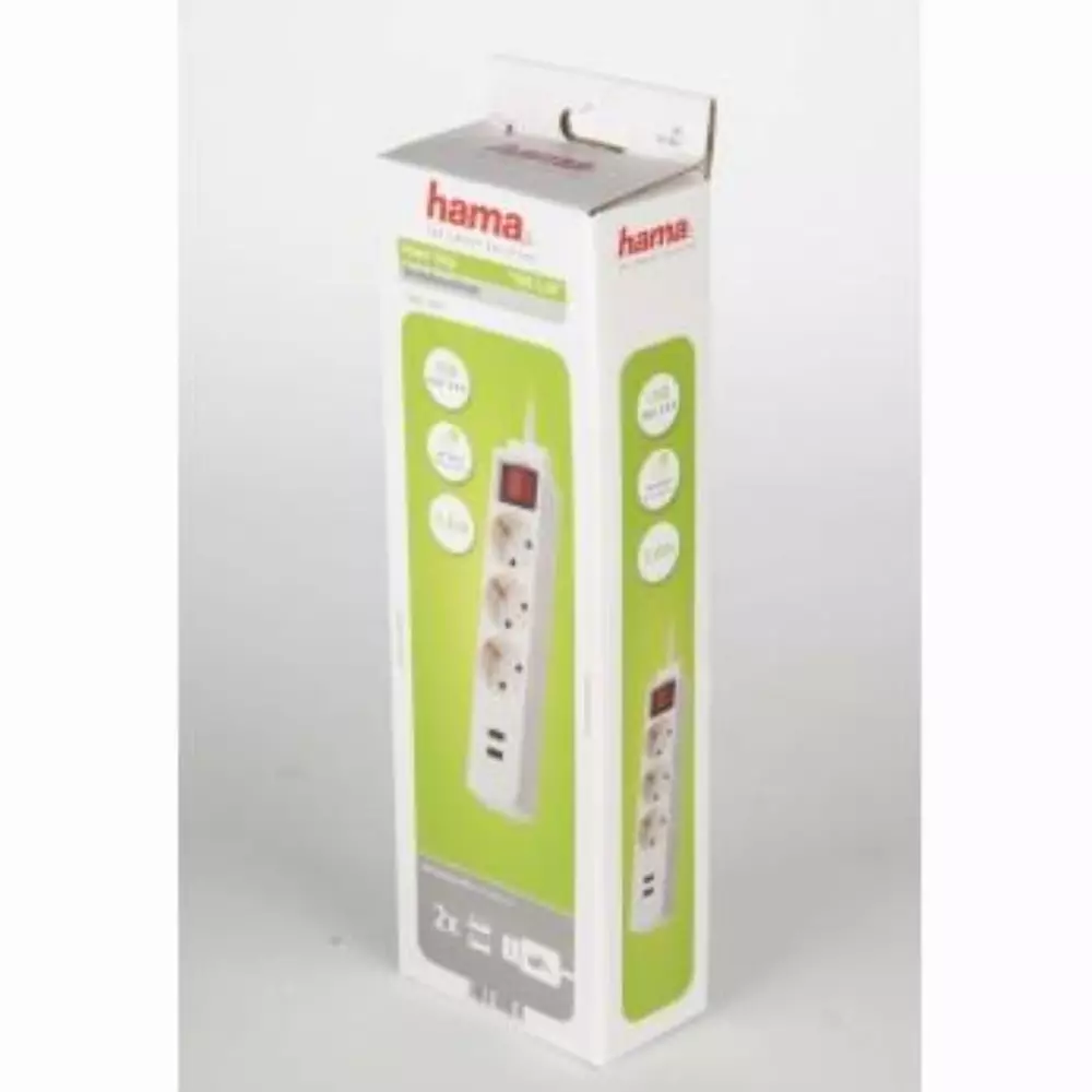 Разклонител  HAMA USB 3.4A, 3 гнезда, 1.4м, Бутон вкл/изкл, Защита срещу деца, Бял