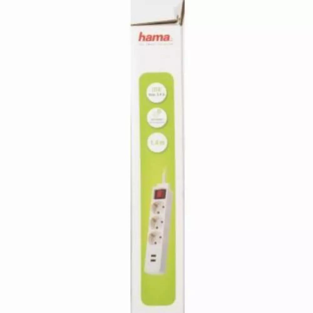 Разклонител  HAMA USB 3.4A, 3 гнезда, 1.4м, Бутон вкл/изкл, Защита срещу деца, Бял