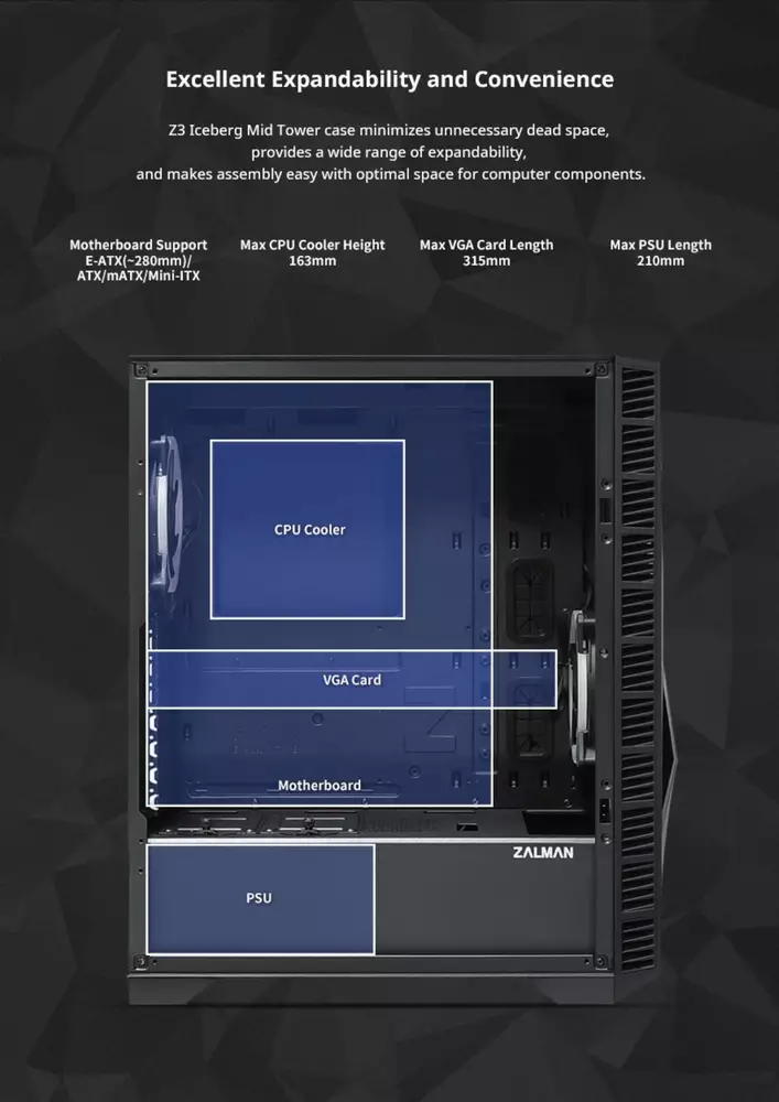 Кутия Zalman Z3 ICEBERG BLACK aRGB Tempered Glass Case ATX