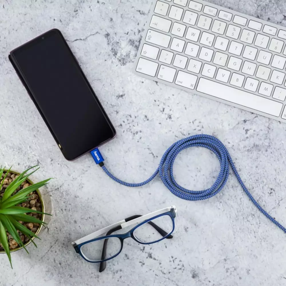 Кабел HAMA Reflective, USB-C мъжко - USB-C мъжко, 480 Mbps, 1.5 м., Син
