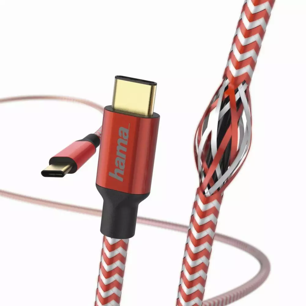 Кабел HAMA Reflective, USB-C мъжко - USB-C мъжко, 480 Mbps, 1.5 м., Червен