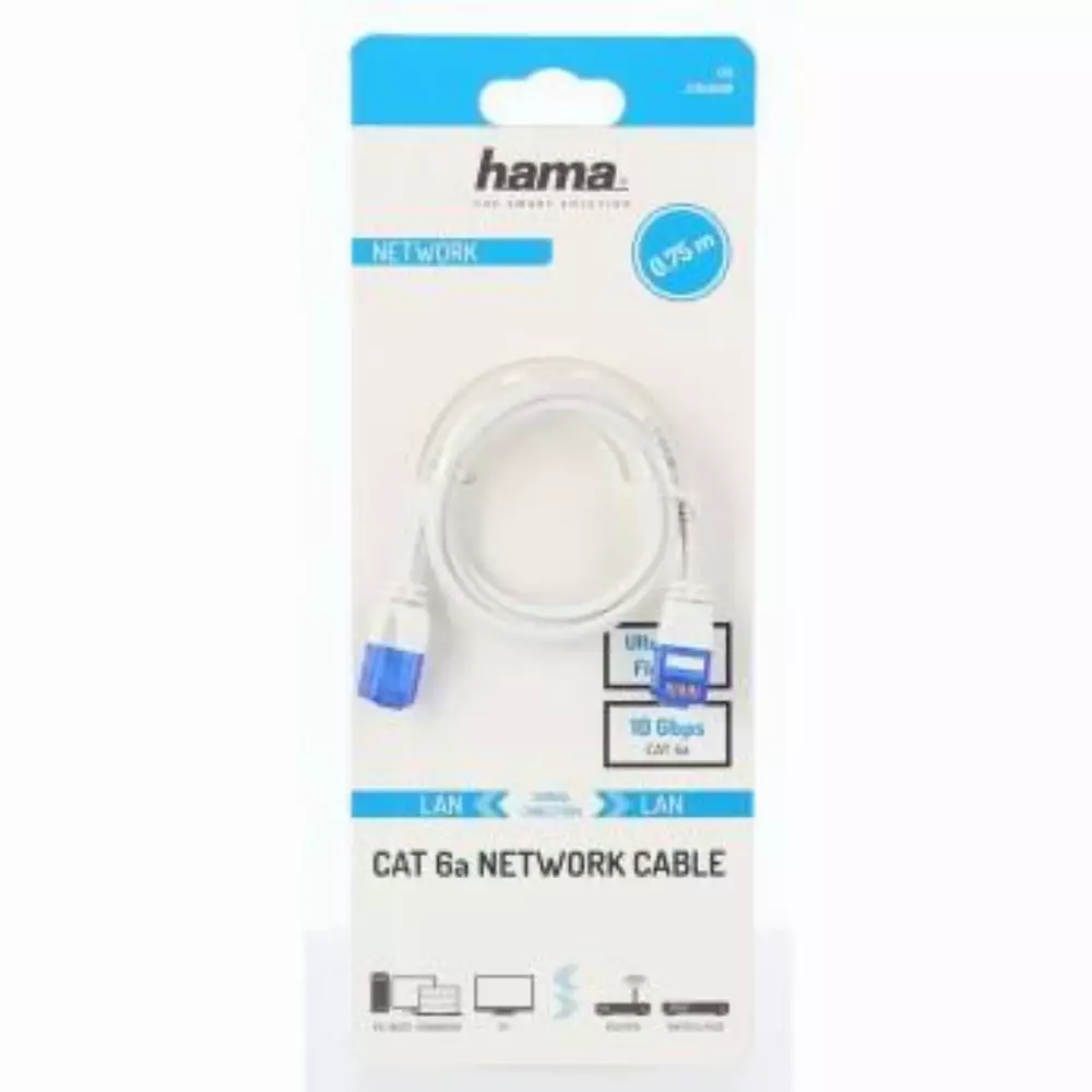 Câble réseau HAMA Flexi-Slim, U/UTP CAT 6a, 10 Gbit/s, RJ-45 - RJ45, 0.75 m, Blanc